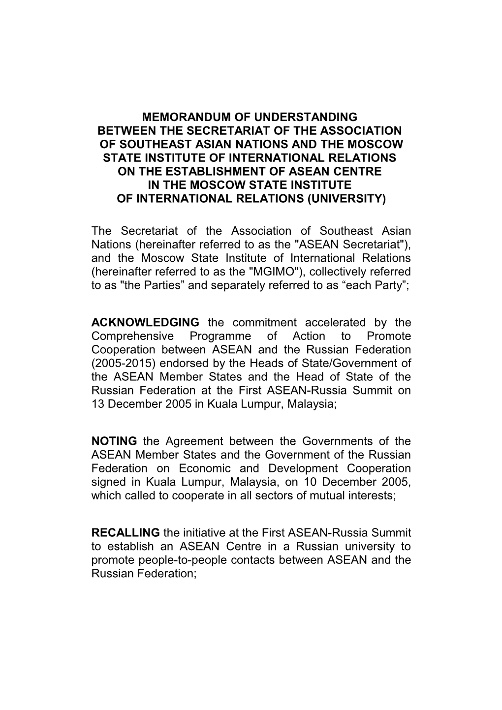 Memorandum of Understanding Between the Secretariat of the Association of Southeast Asian