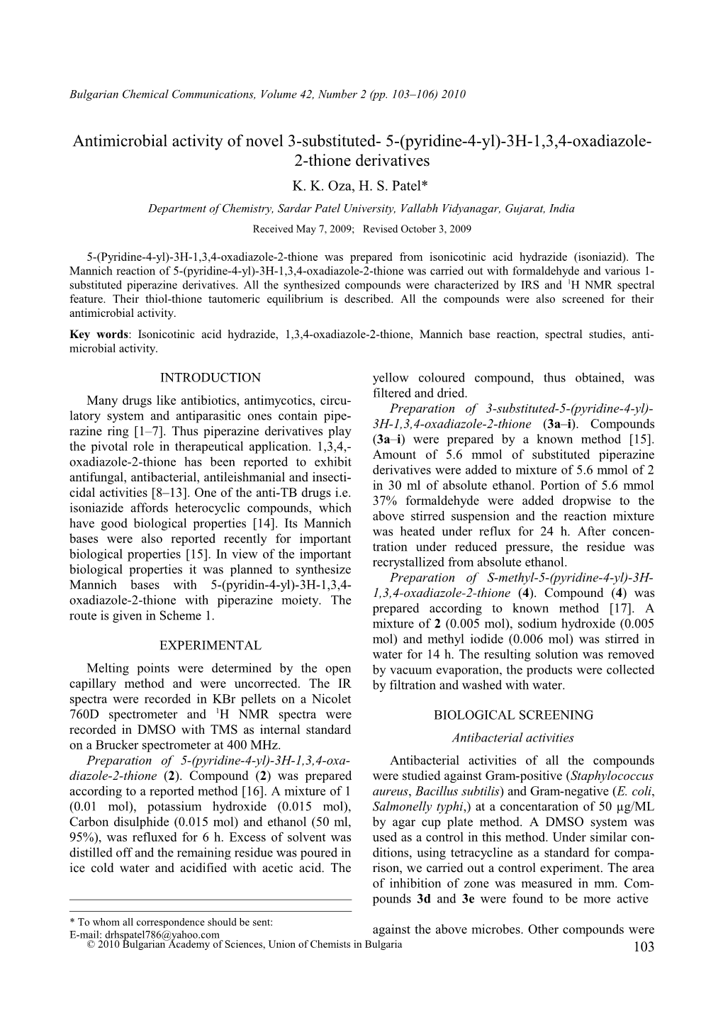 Antimicrobial Activity of Novel 3-Substituted- 5-(Pyridine-4-Yl)-3H-1,3,4-Oxadiazole-2-Thione