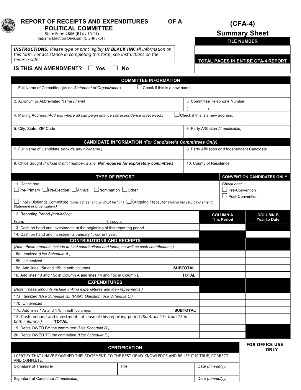 REPORT of RECEIPTS and EXPENDITURES of a POLITICAL COMMITTEE State Form 4606 (R10/12-03)