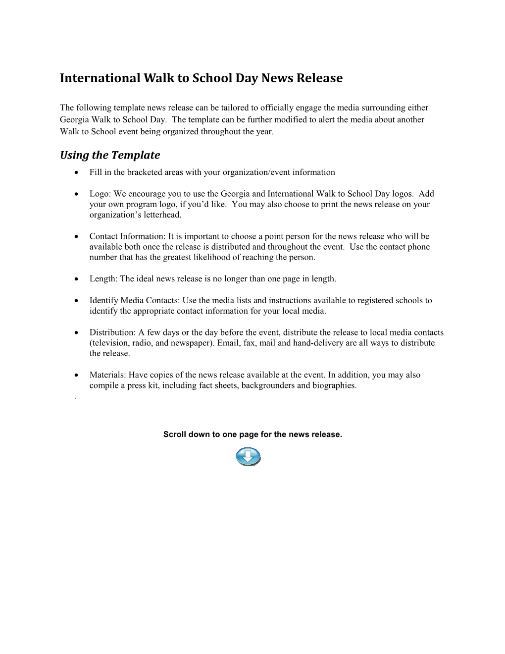 International Walk to School Day News Release