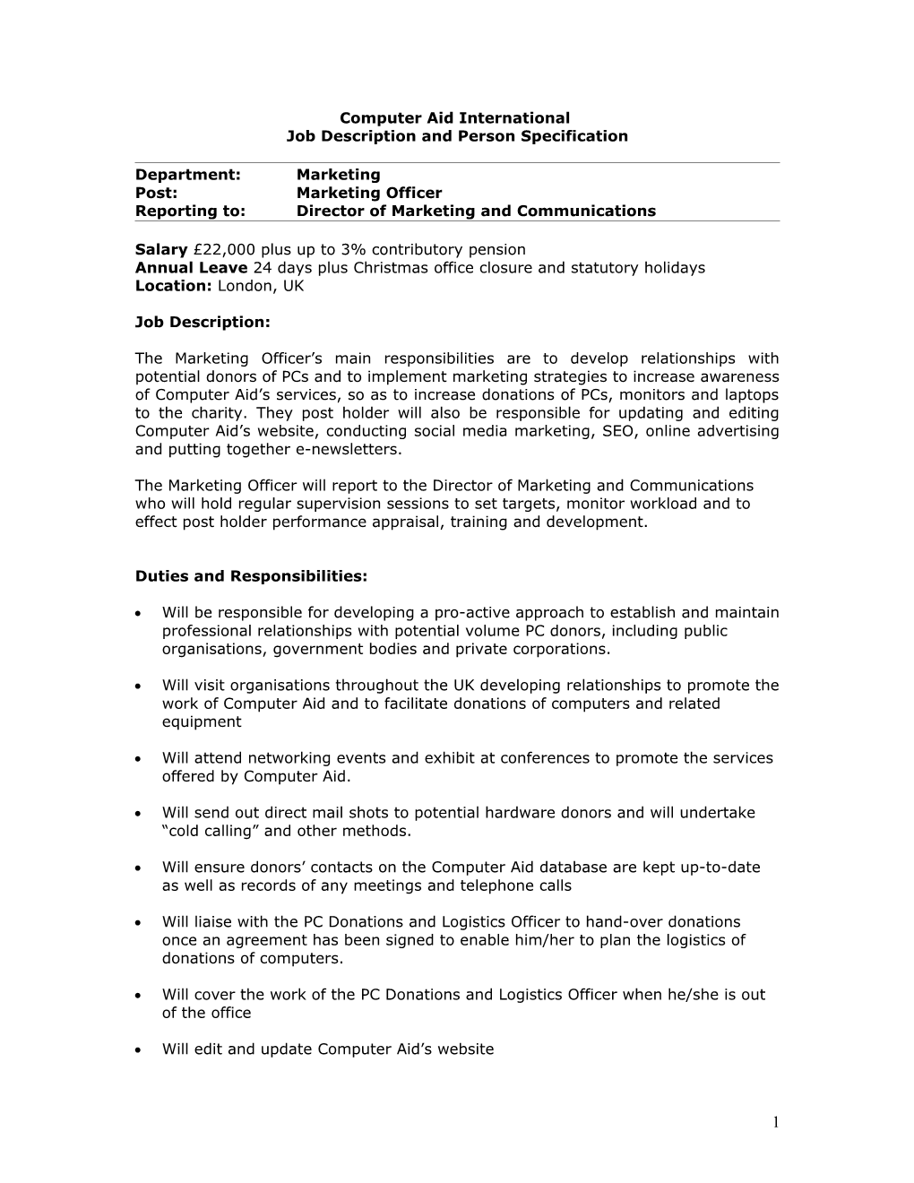 Computer Aid International Job Description and Person Specification