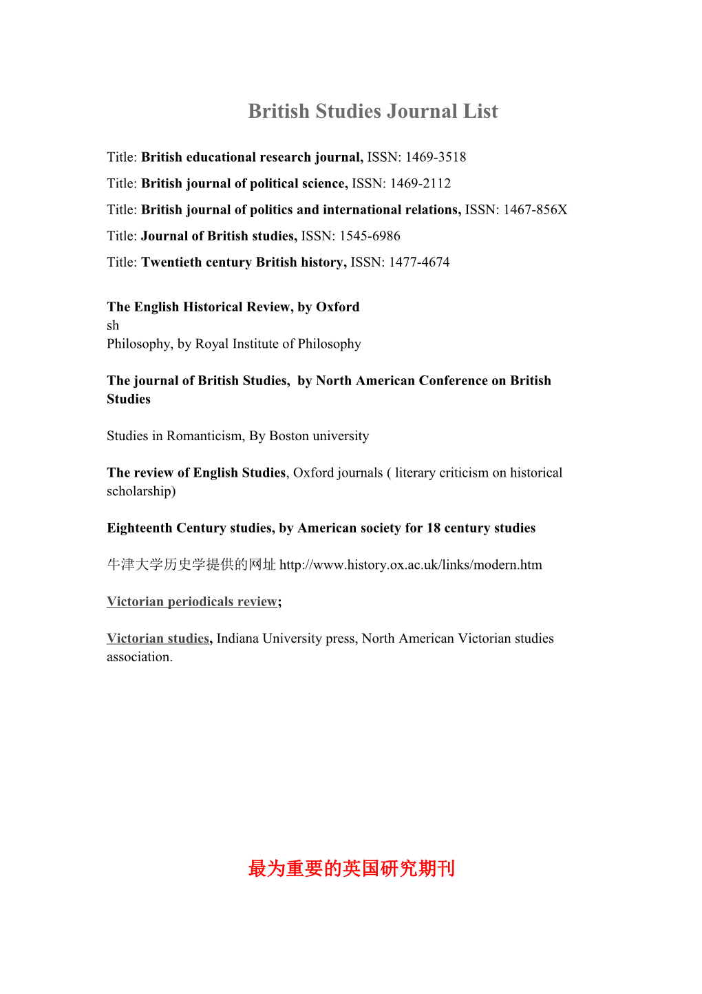 British Studies Journal List