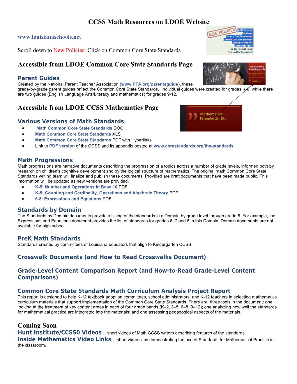 CCSS Math Resources on LDOE Website