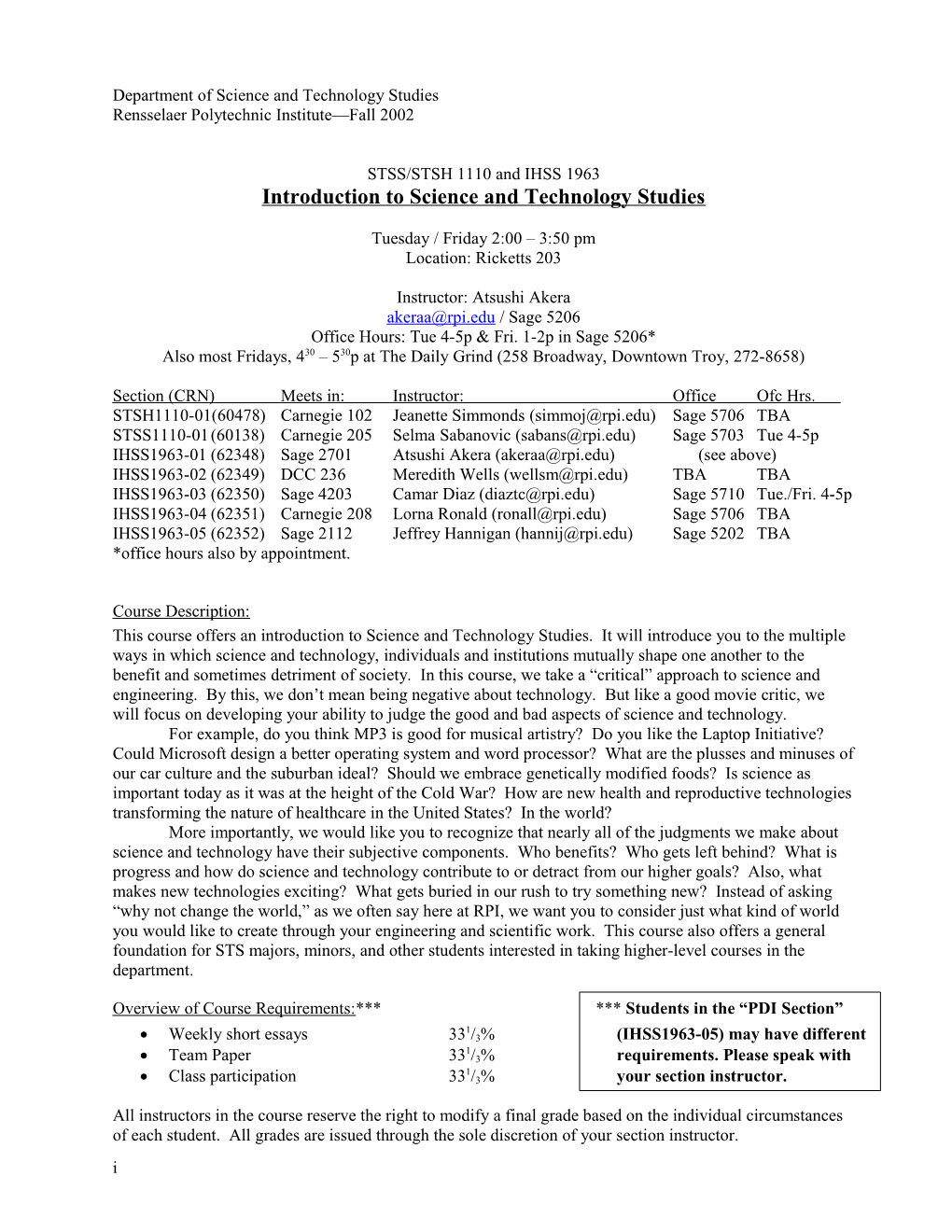 Intro to STS Syllabus (Fall 2001)