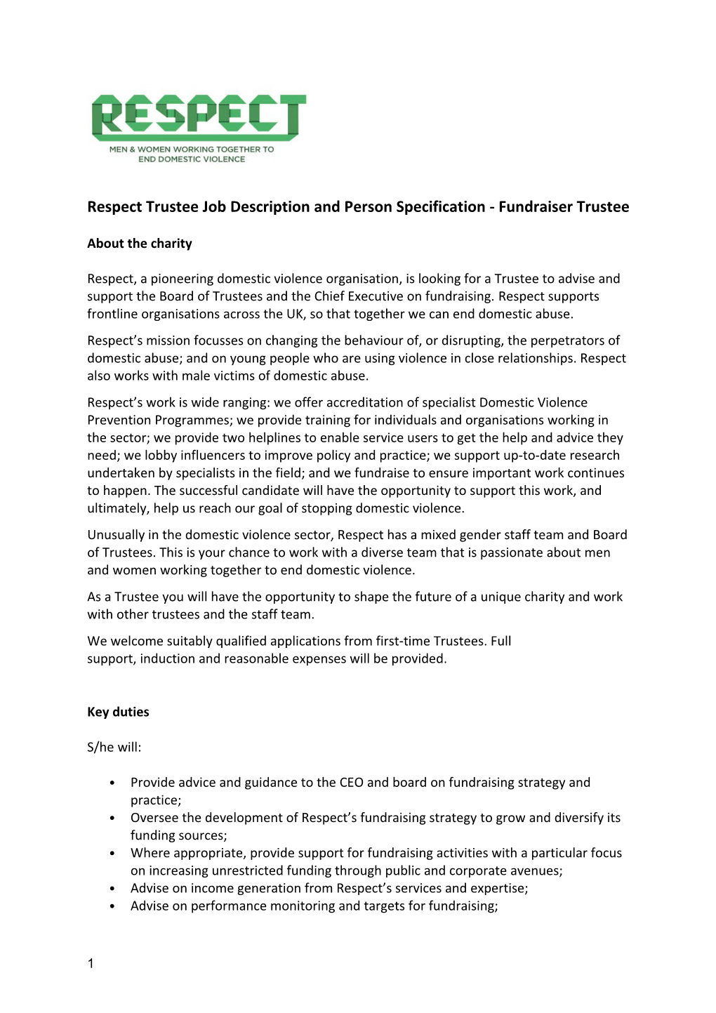 Respect Trustee Job Description and Person Specification - Fundraiser Trustee