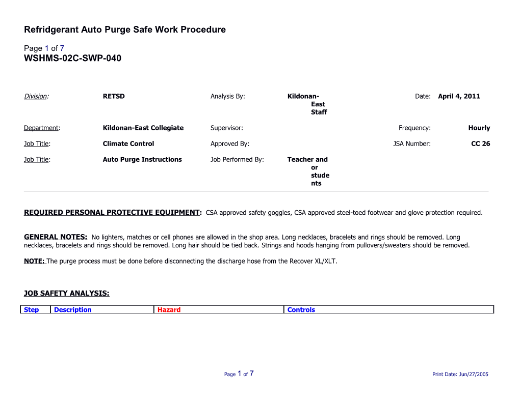 SWP-040 Refridgerant Auto Purge Safe Work Procedure