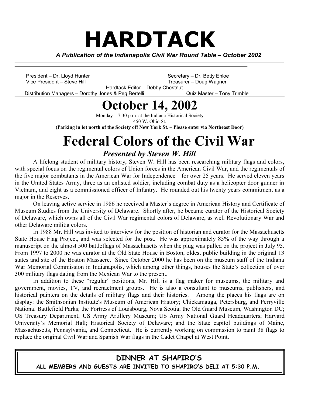 A Publication of the Indianapolis Civil War Round Table October 2002