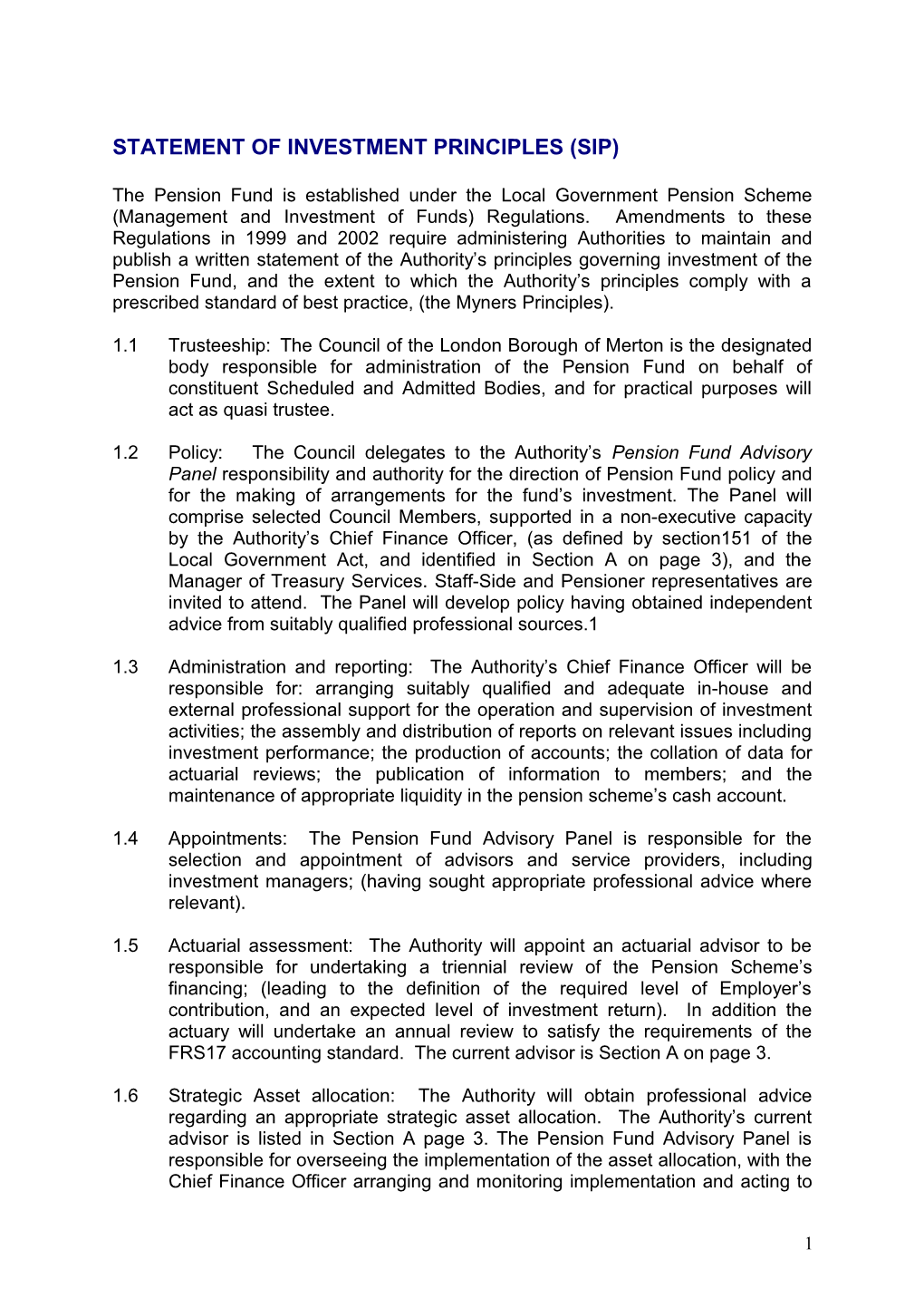 Statement of Investment Principles (Sip)