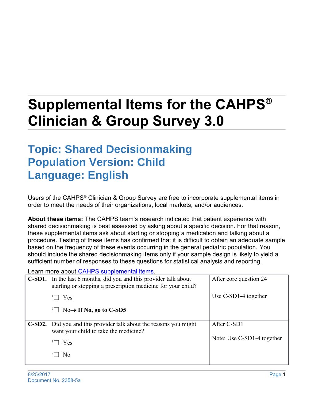 CAHPS Clinician & Group Survey 3.0Supplemental Items: Shared Decisionmaking