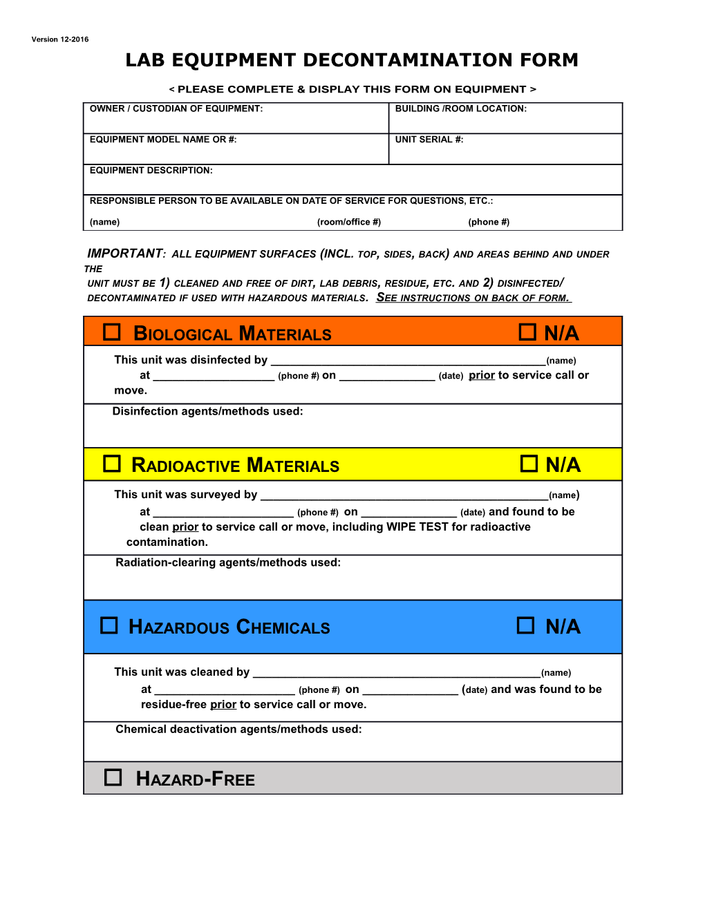 Please Complete & Display This Form on Equipment