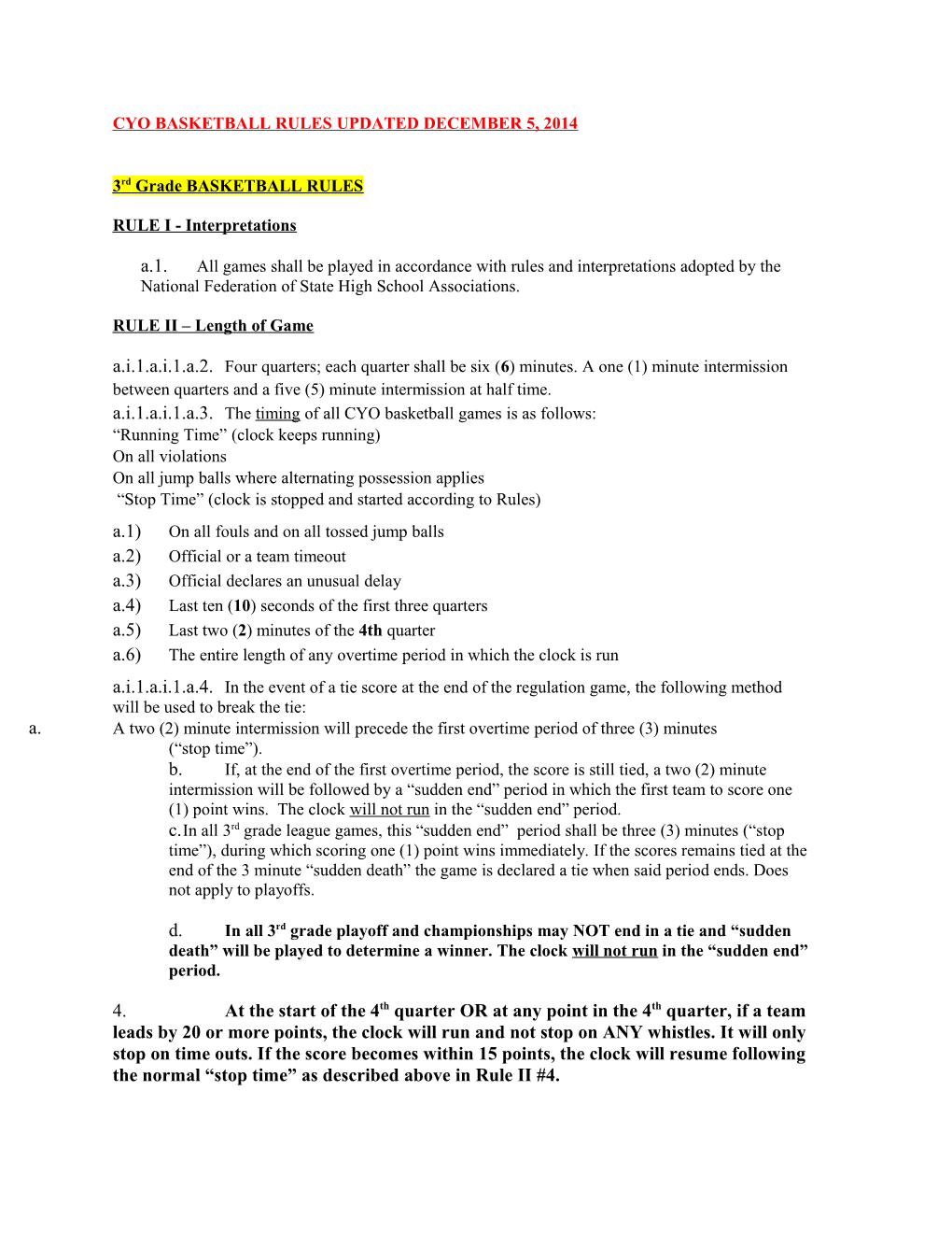 Cyo Basketball Rules Updated December 5, 2014