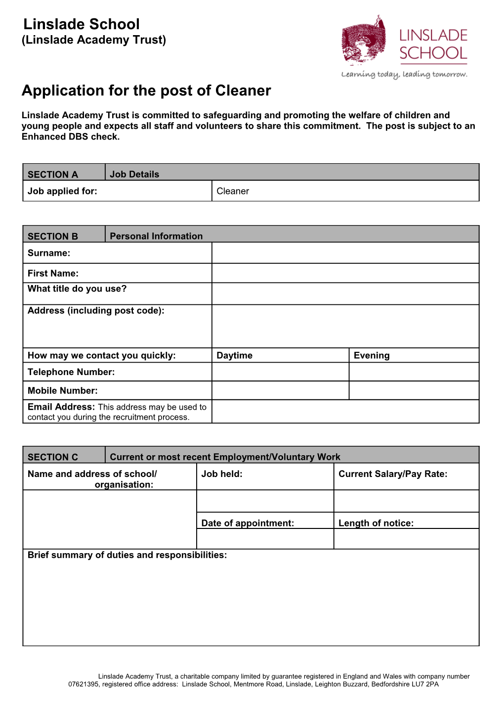 Application for the Post of Cleaner