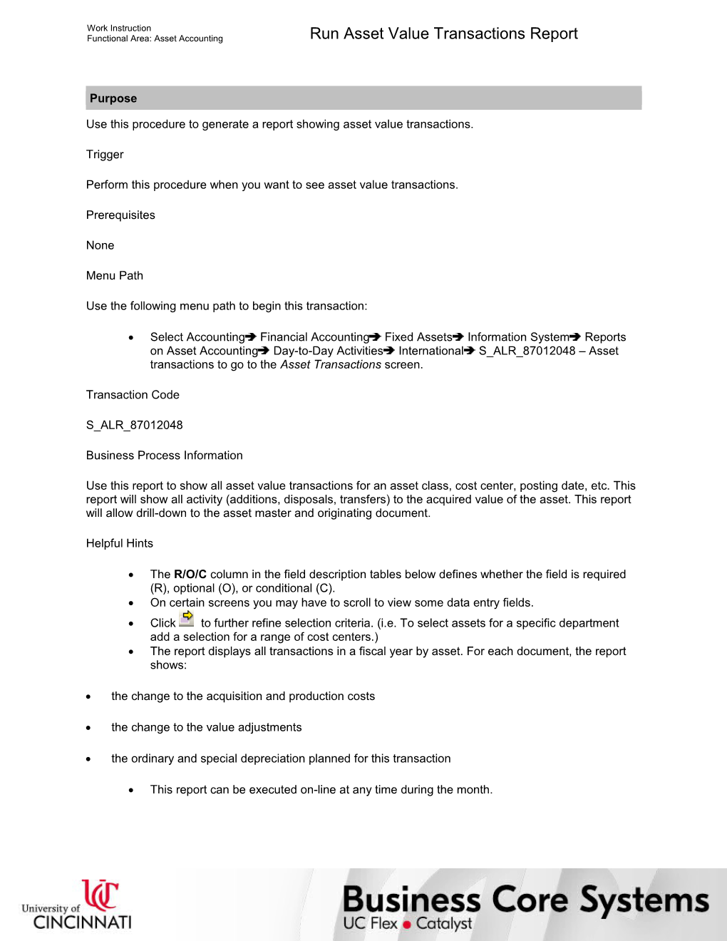 Run Asset Value Transactions Report