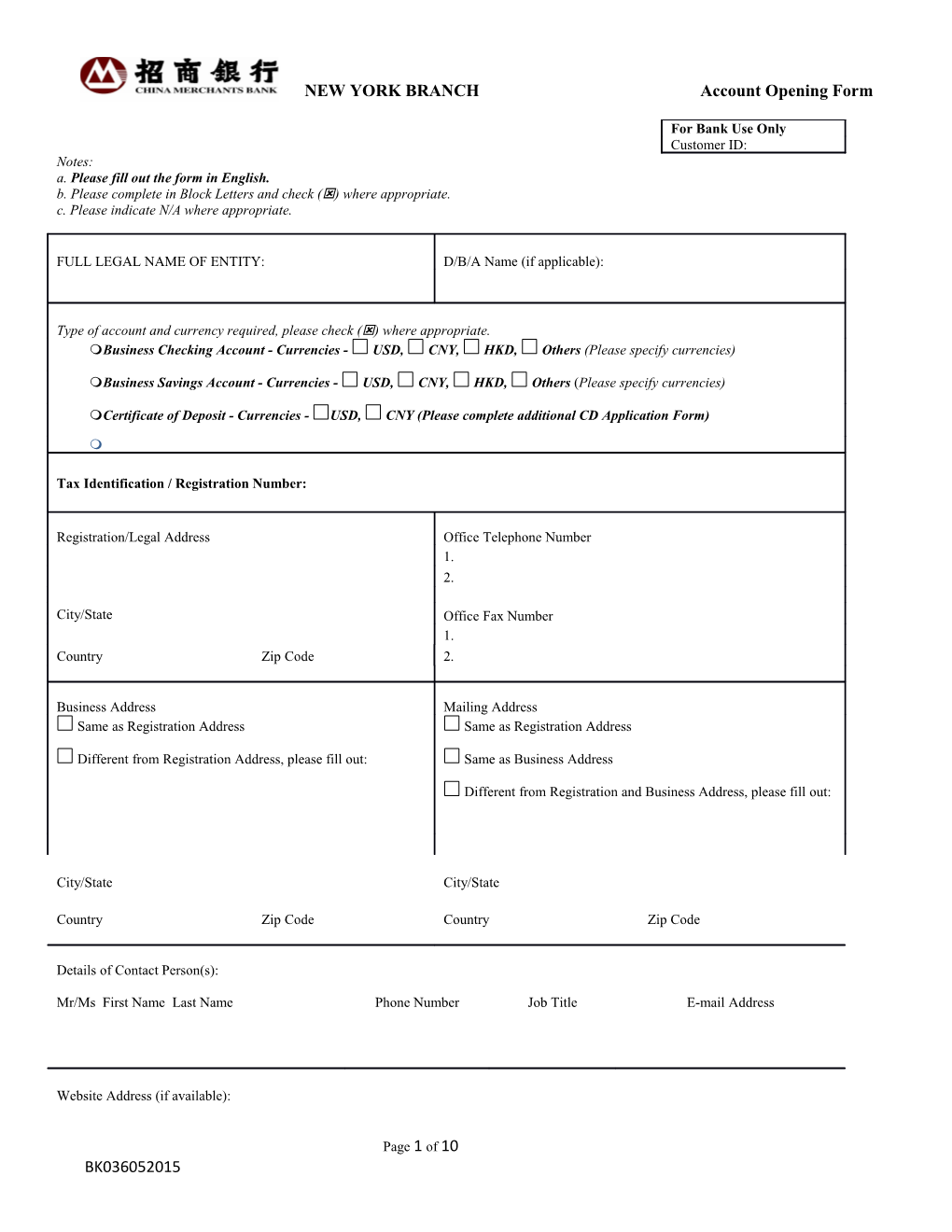 NEW YORK BRANCH Account Opening Form