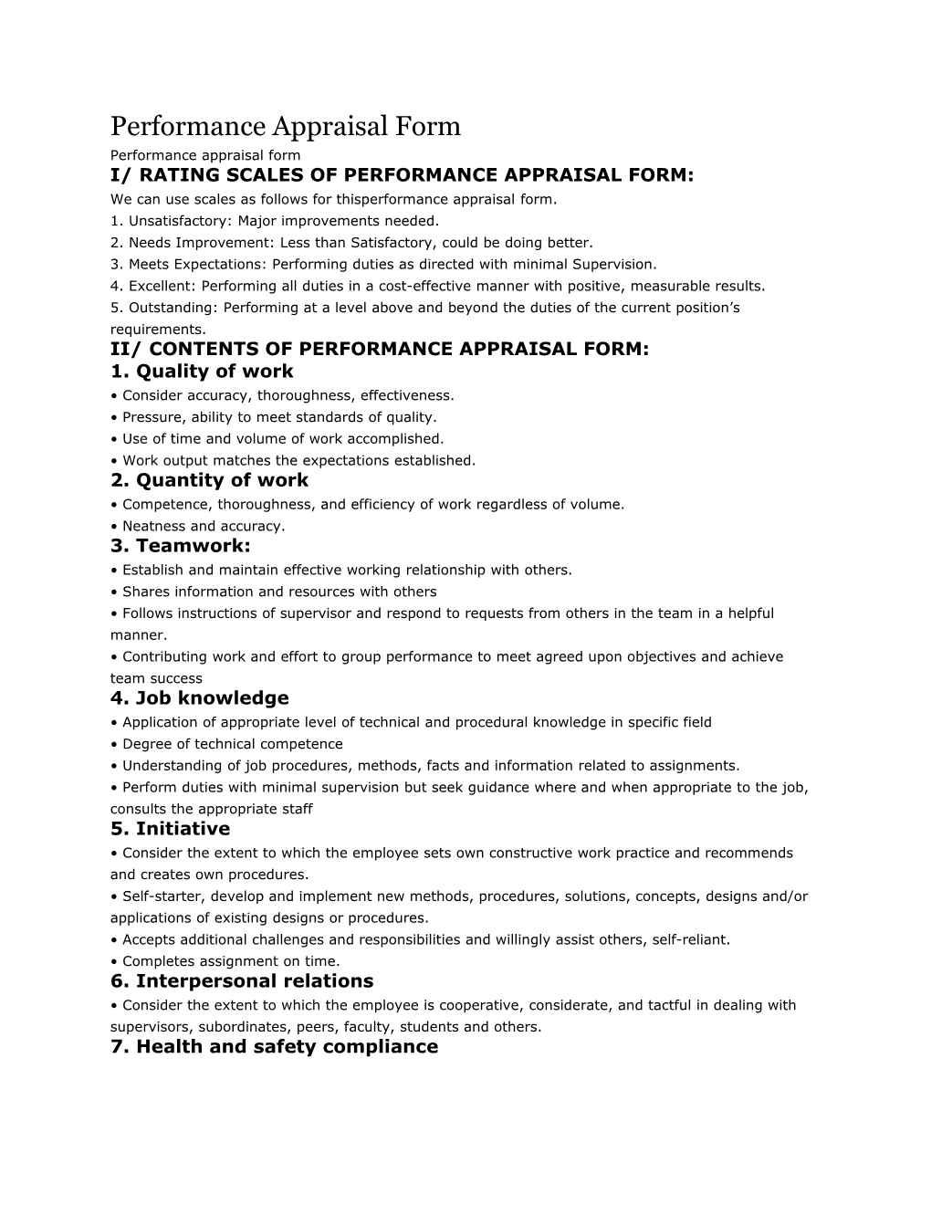 I/ Rating Scales of Performance Appraisal Form