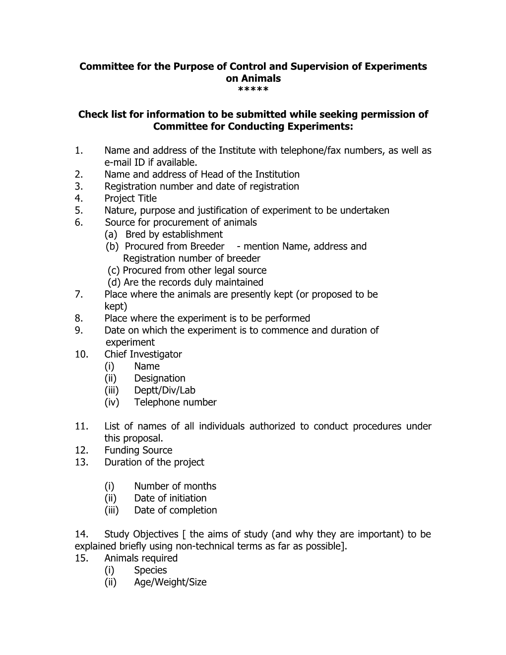 Check List for Information to Be Submitted While Seeking Permission of Committee for Conducting