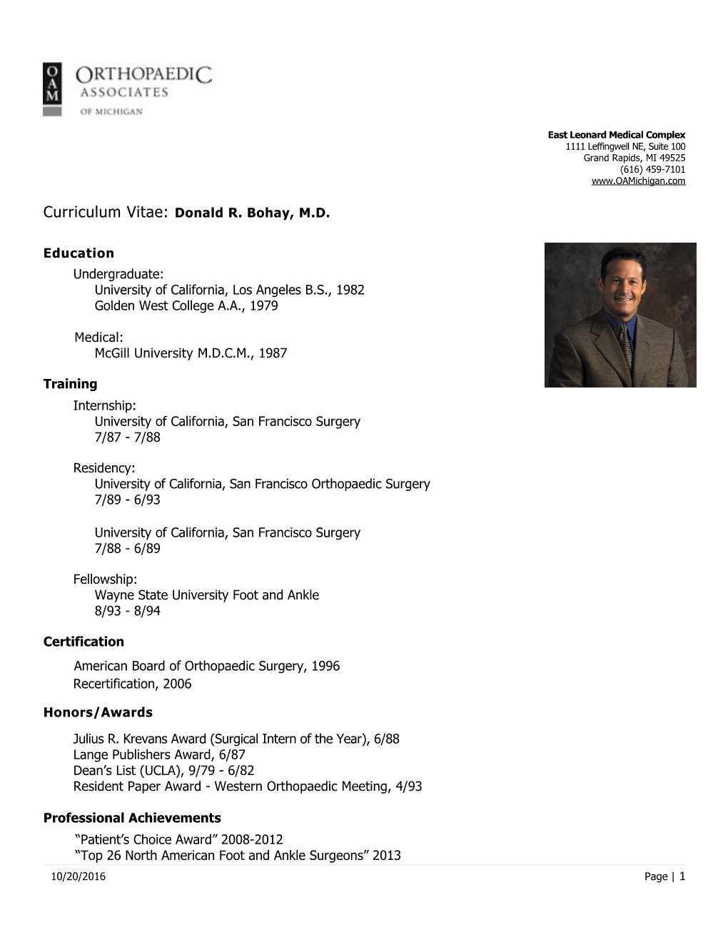 Curriculum Vitae: Donald R. Bohay, M.D