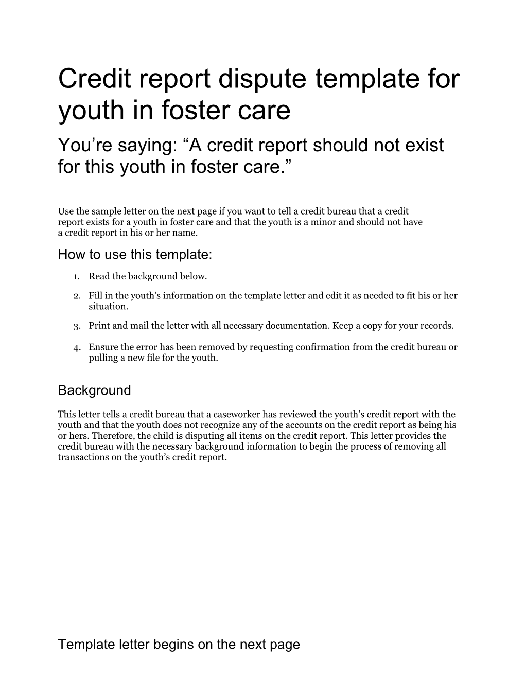 Credit Report Disputetemplate for Youth in Foster Care