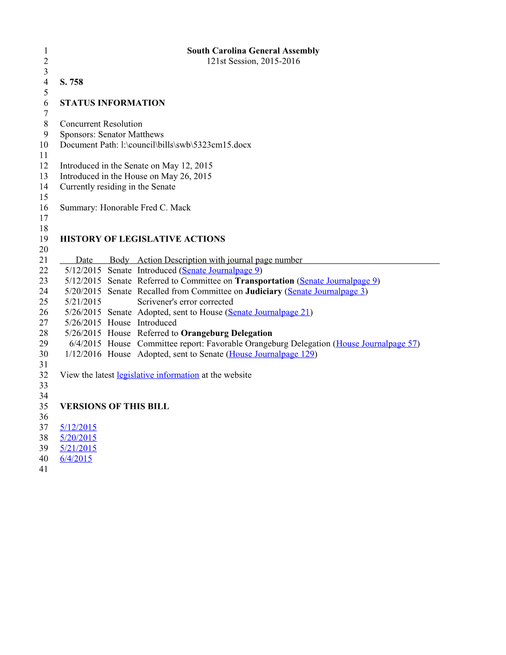 2015-2016 Bill 758: Honorable Fred C. Mack - South Carolina Legislature Online