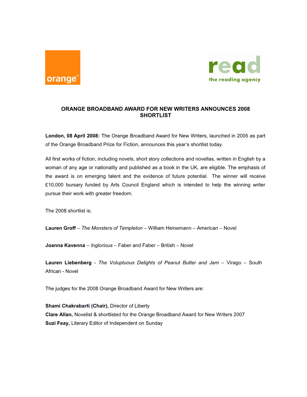 Orange Broadband Award for New Writers Announces 2008 Shortlist