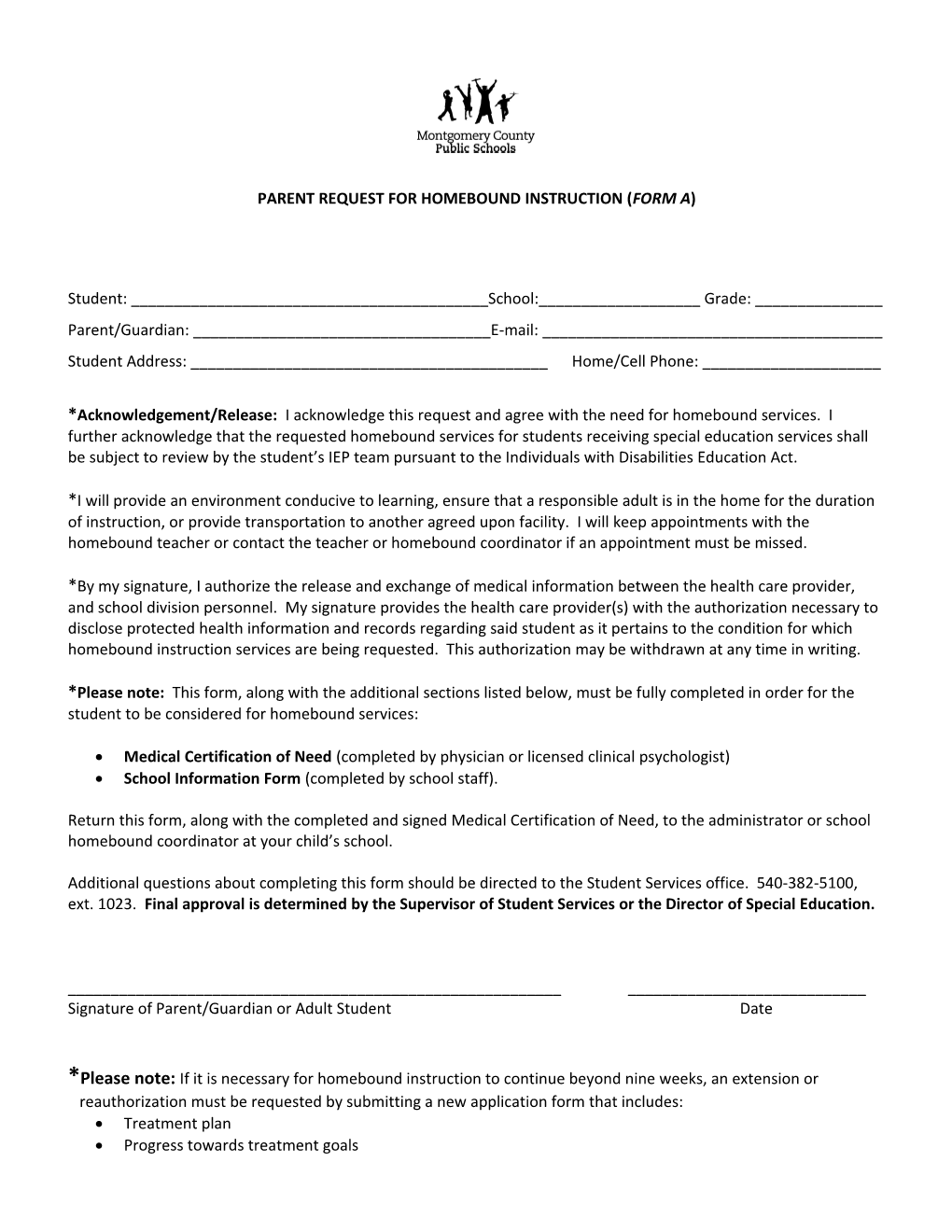 Parent Request for Homebound Instruction (Form A)