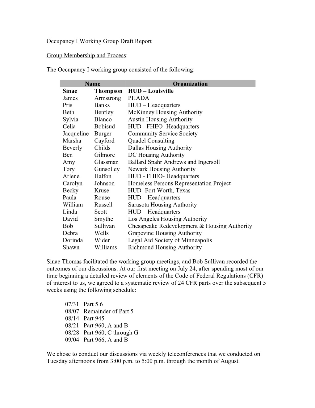 Occupancy I Working Group Draft Report