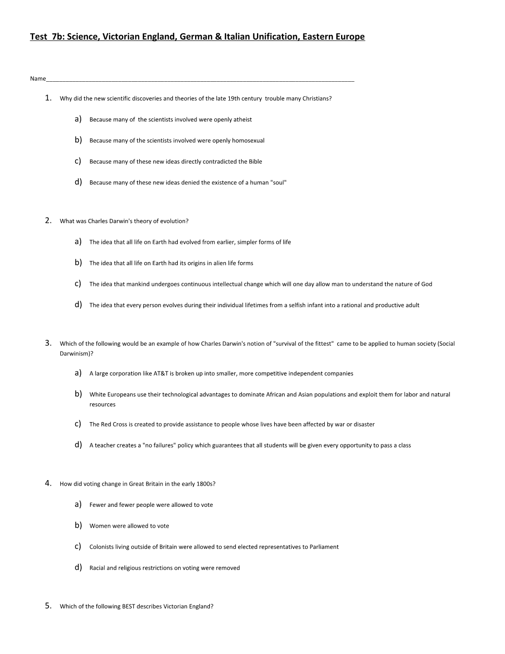 Test 7B: Science, Victorian England, German & Italian Unification, Eastern Europe