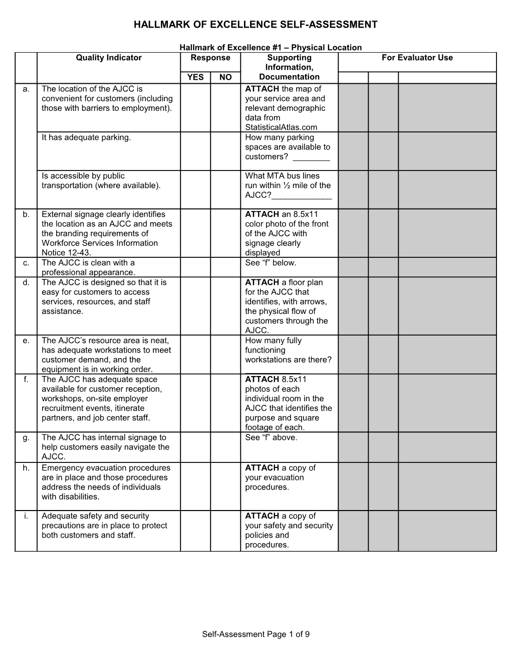 Hallmark of Excellence Self-Assessment