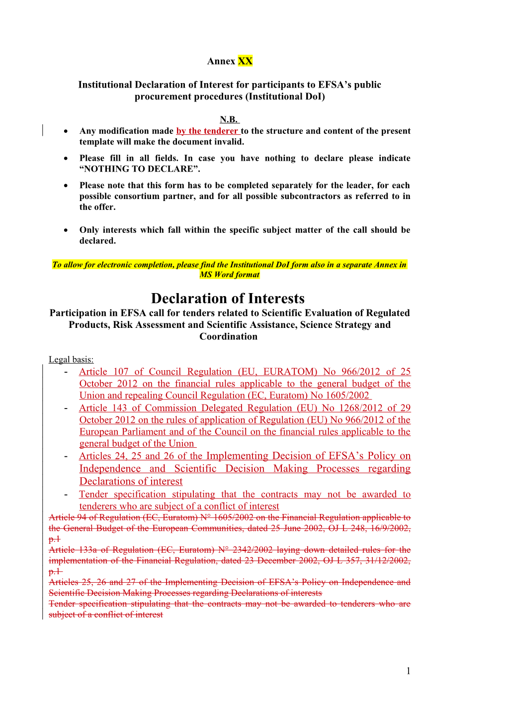 Institutional Declaration of Interest for Participants to EFSA S Public Procurement Procedures