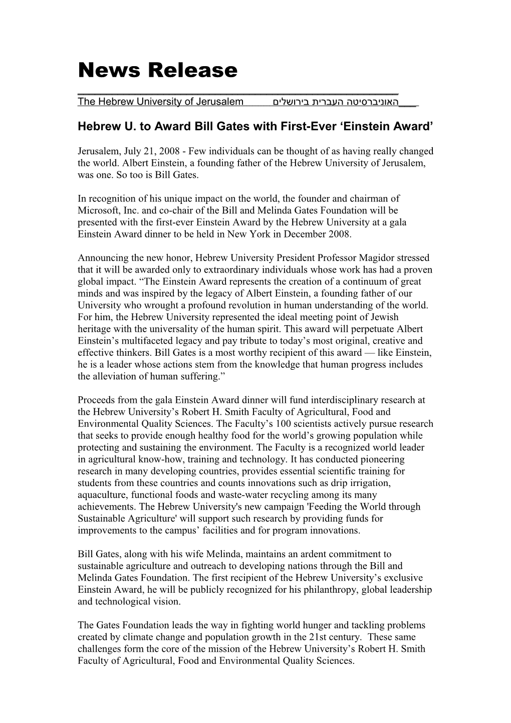 Hebrew University to Award Bill Gates with First-Ever Einstein Award