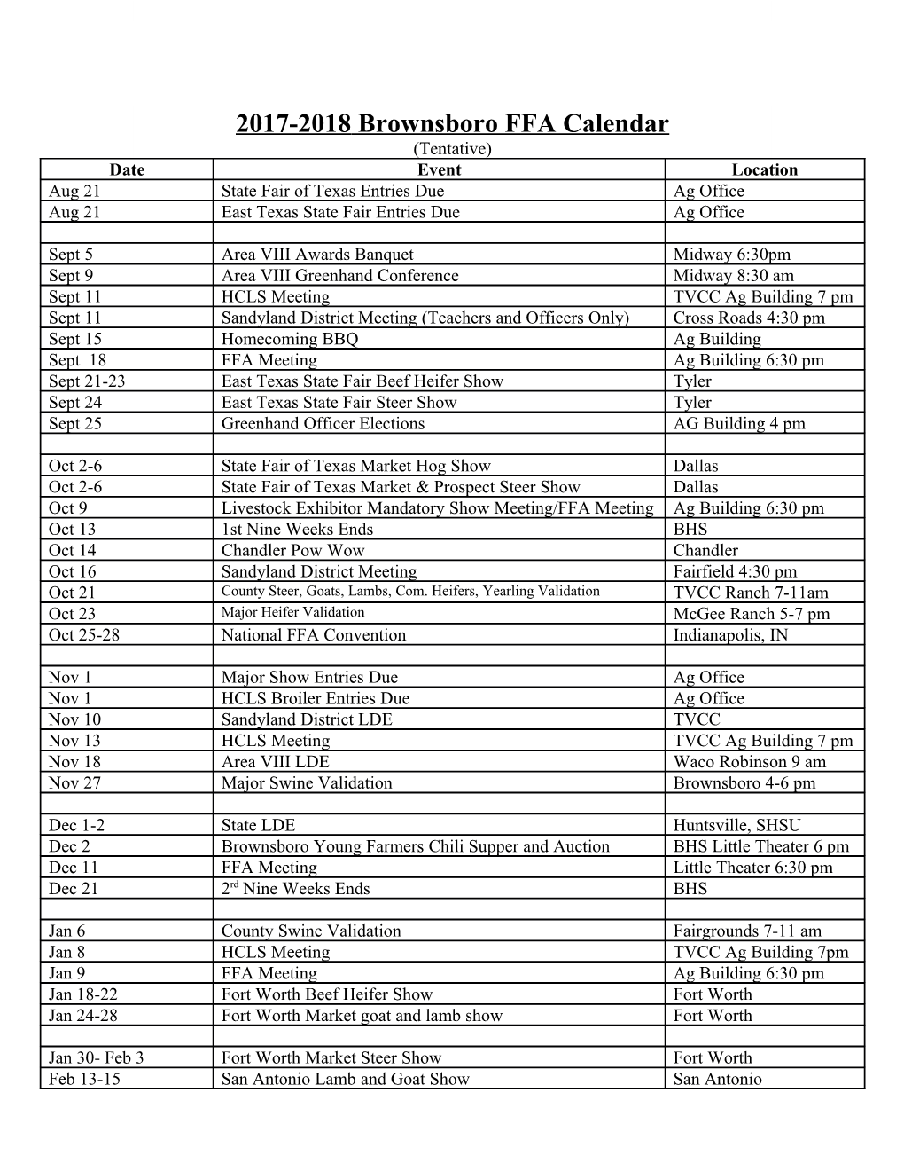 2017-2018 Brownsboro FFA Calendar