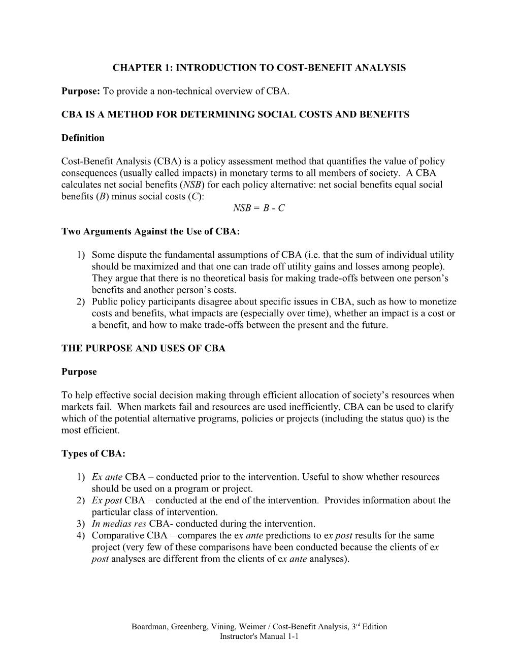 CHAPTER 1: Introduction to Cost-Benefit Analysis