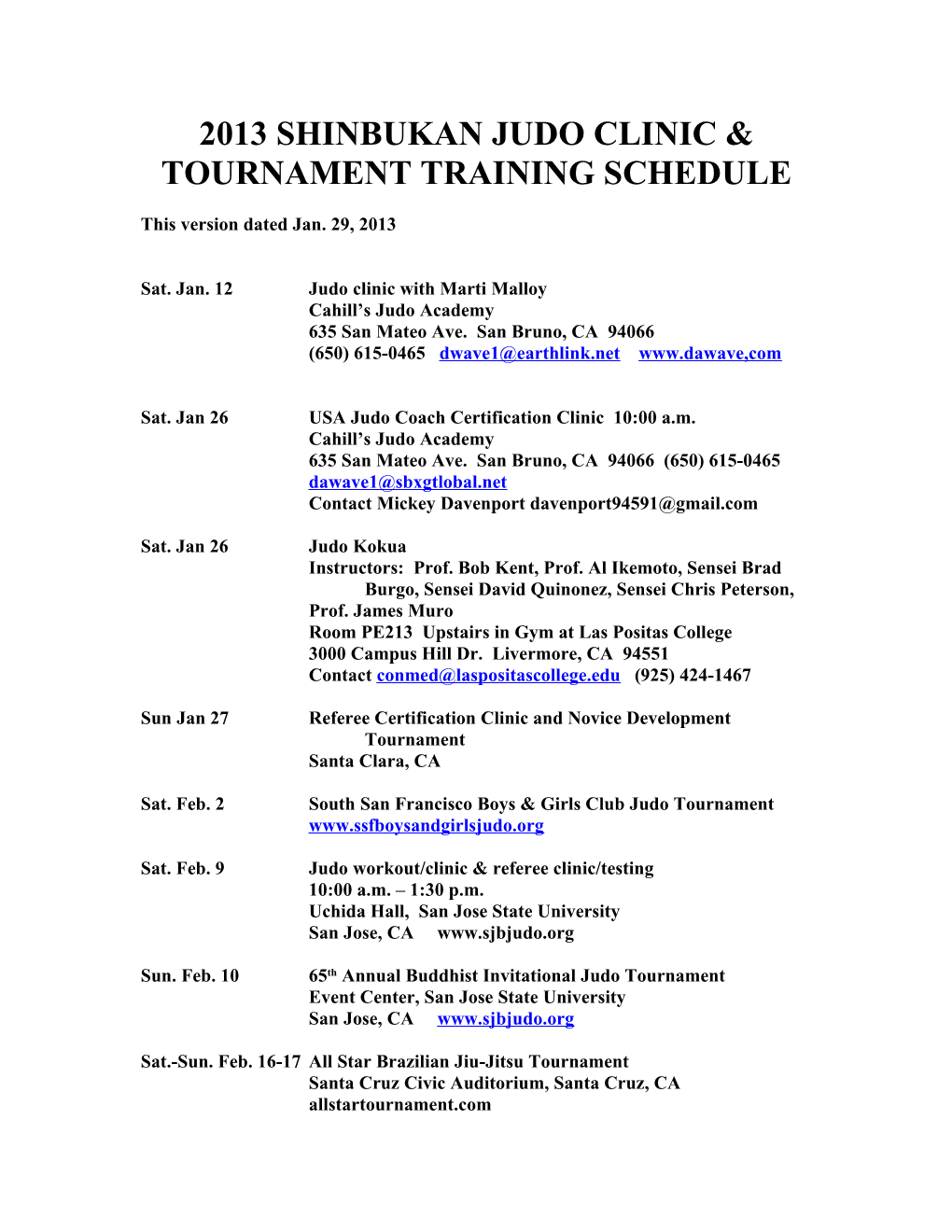 2011 Shinbukan Training Schedule