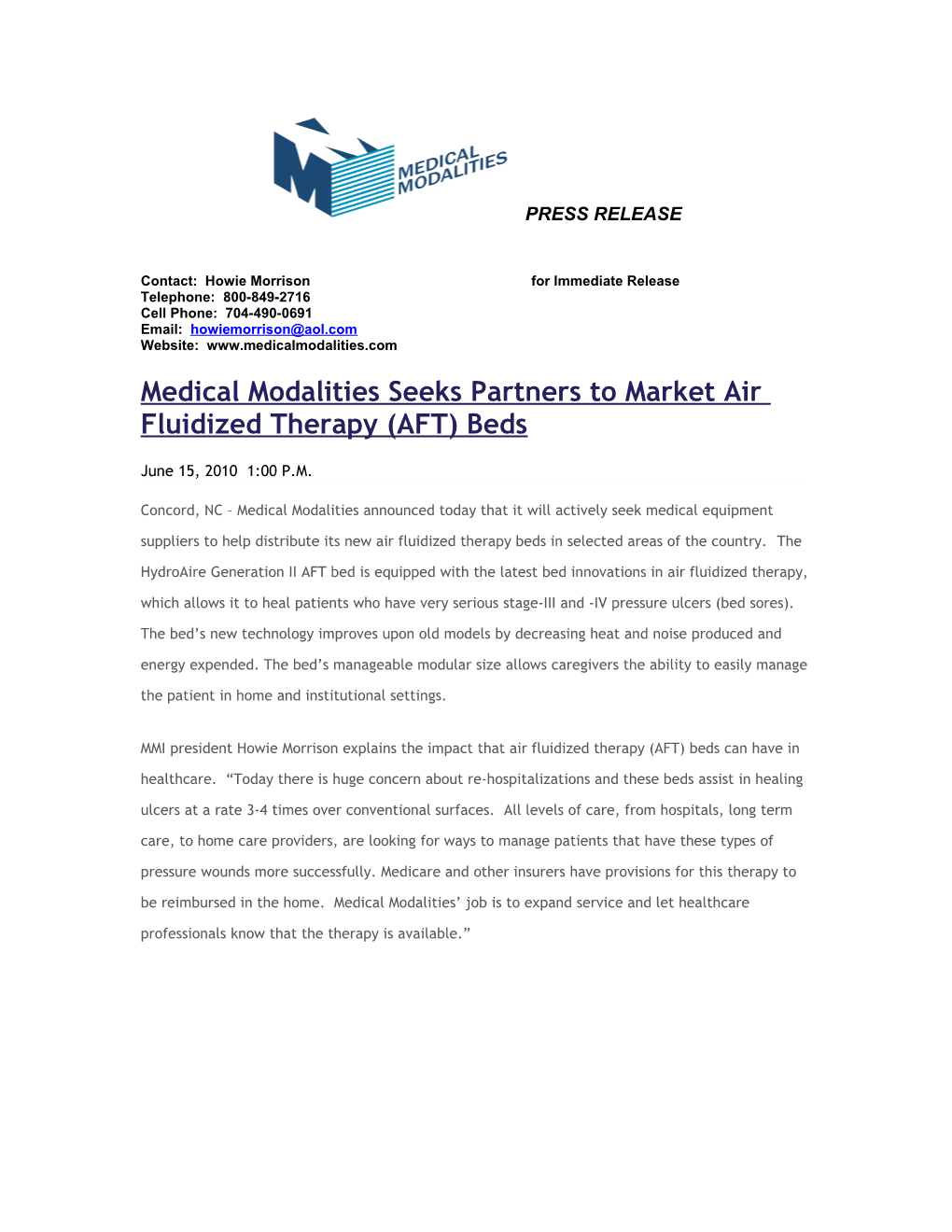 Medical Modalities Releases Second Round of Air Fluidized Therapy (AFT) Beds