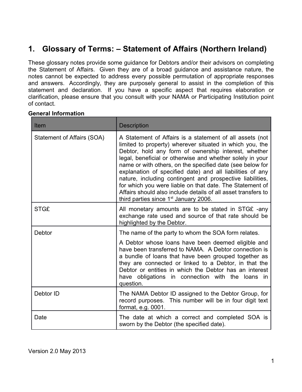 Glossary of Terms: Statement of Affairs (Northern Ireland)
