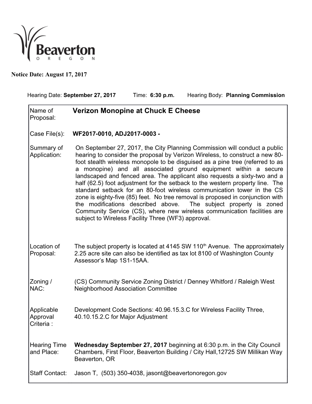 Hearing Date: September 27, 2017 Time: 6:30 P.M. Hearing Body: Planning Commission