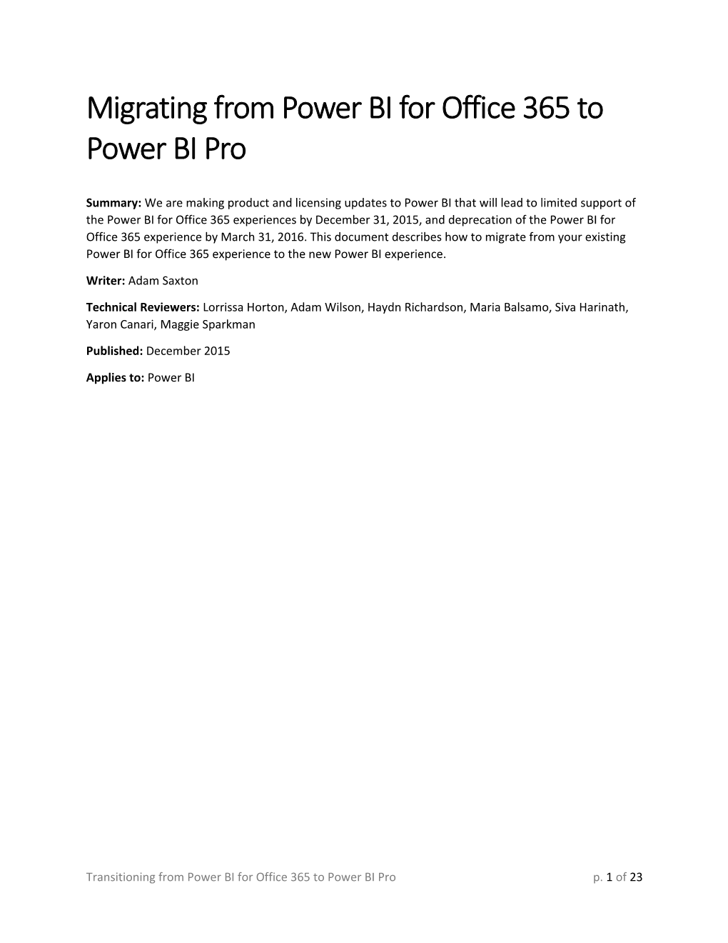 Migrating from Power BI for Office 365 to Power BI Pro