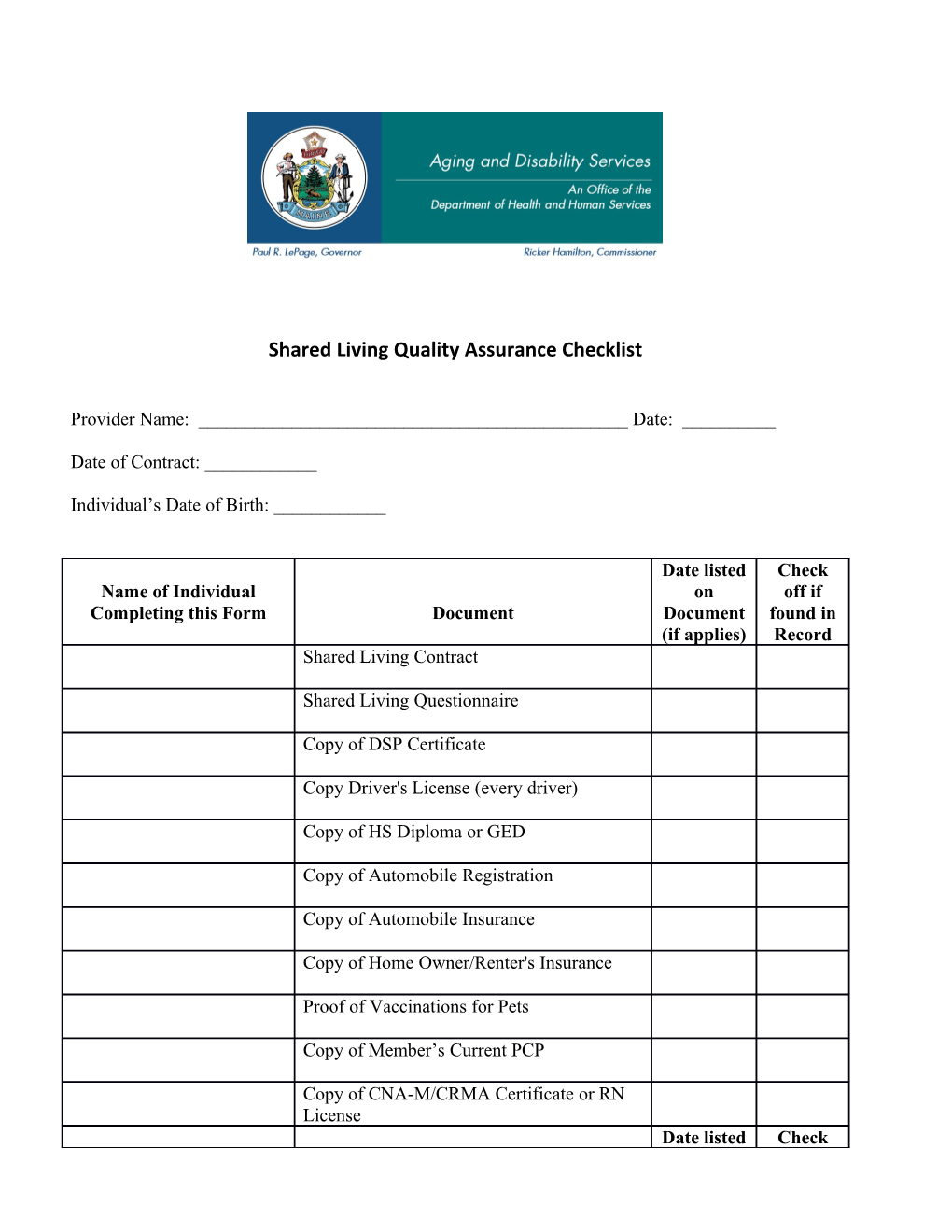 Shared Livingquality Assurance Checklist