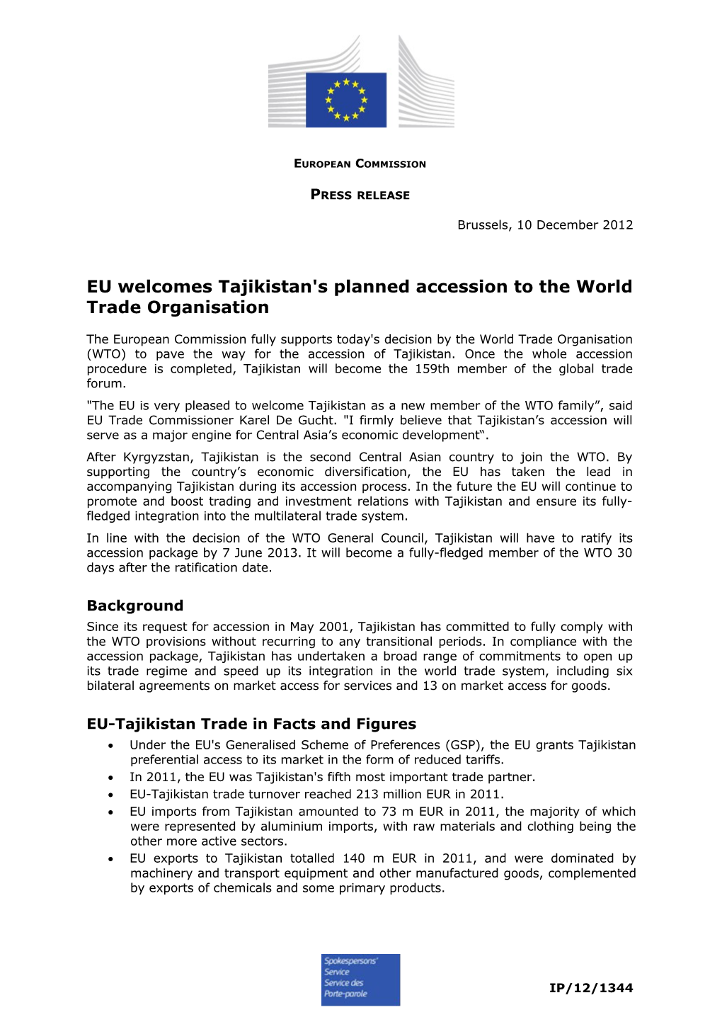 EU Welcomes Tajikistan's Planned Accession to the World Trade Organisation