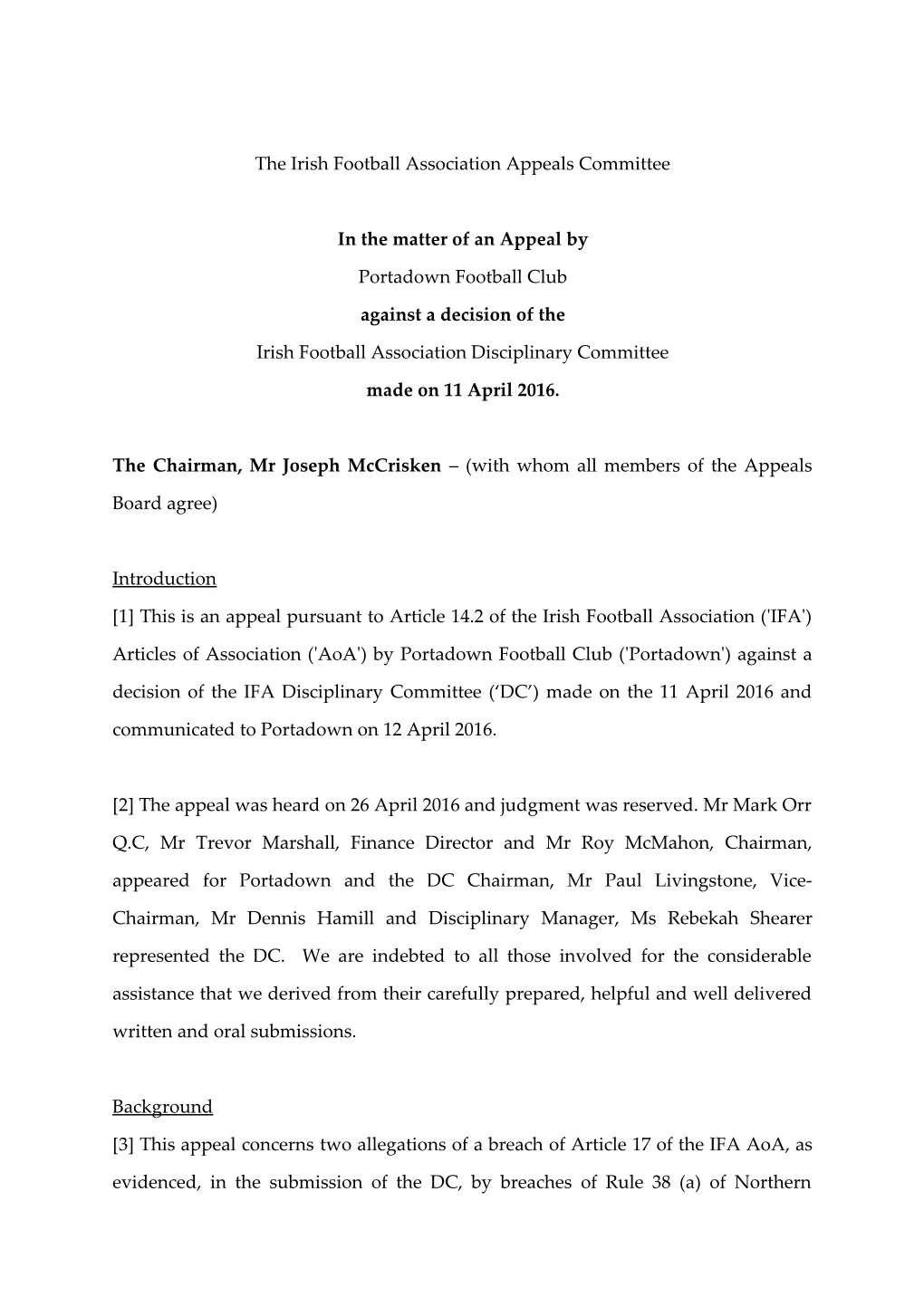 The Irish Football Association Appeals Committee