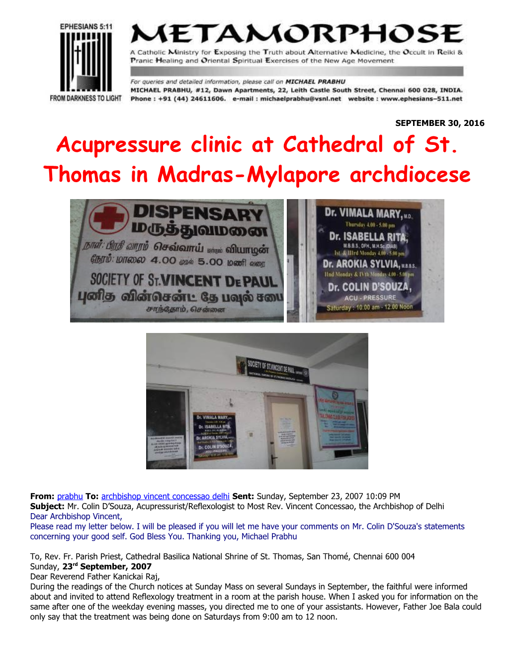 Acupressure Clinic at Cathedral of St. Thomas in Madras-Mylapore Archdiocese