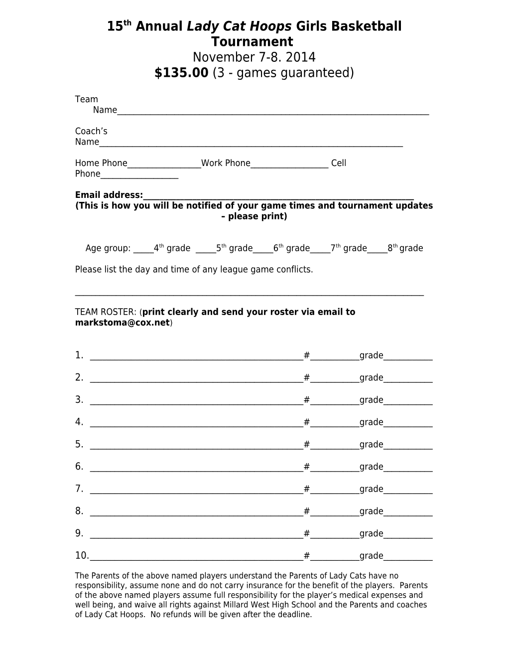 2000 Millard West Lady Cats Hoops Entry Form