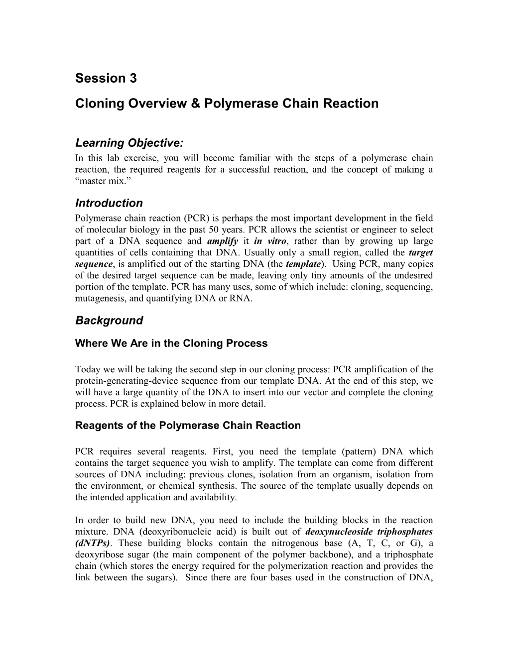 Cloning Overview & Polymerase Chain Reaction