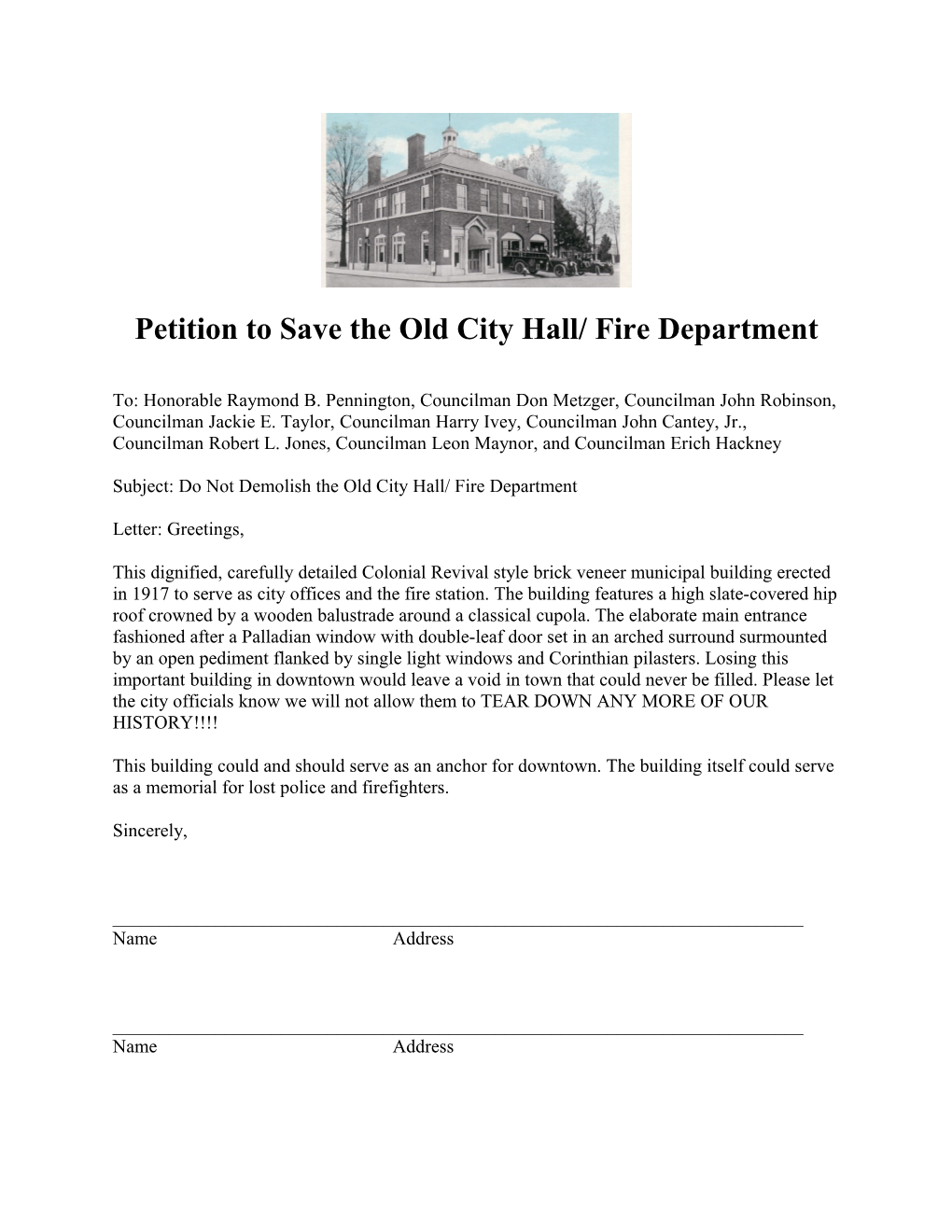 Petition to Save the Old City Hall/ Fire Department