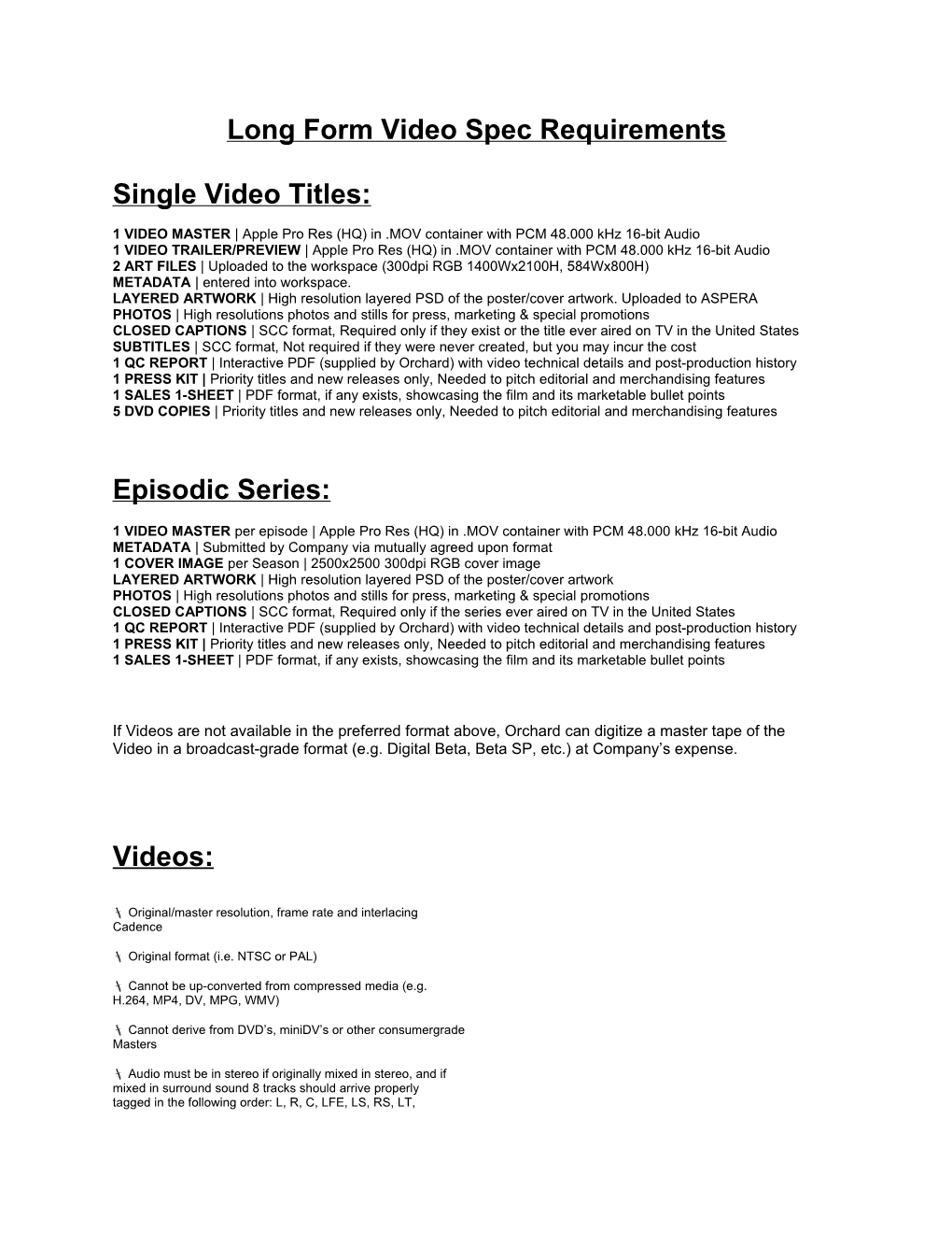 Long Form Video Spec Requirements