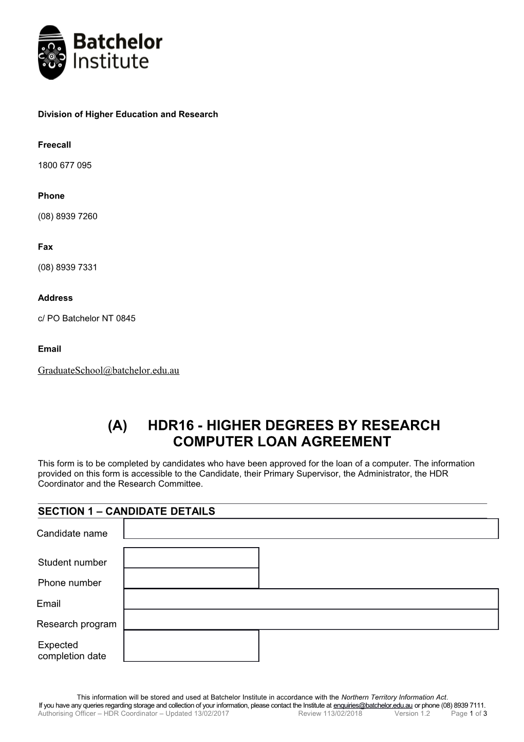 Hdr16 - Higher Degrees by Researchcomputer Loan Agreement
