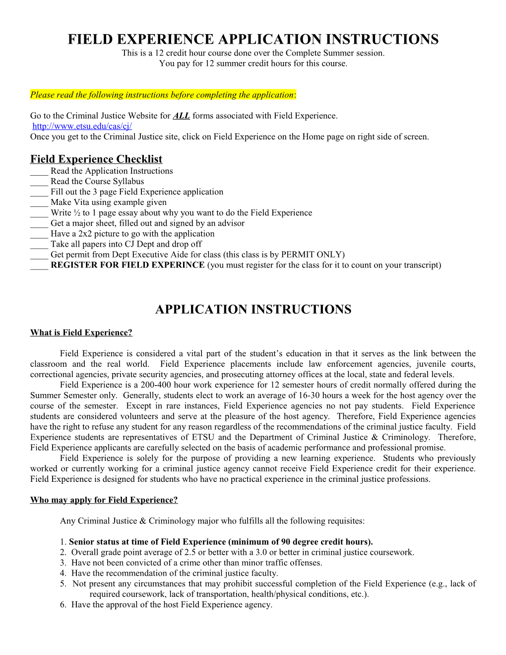 Field Experience Application Instructions