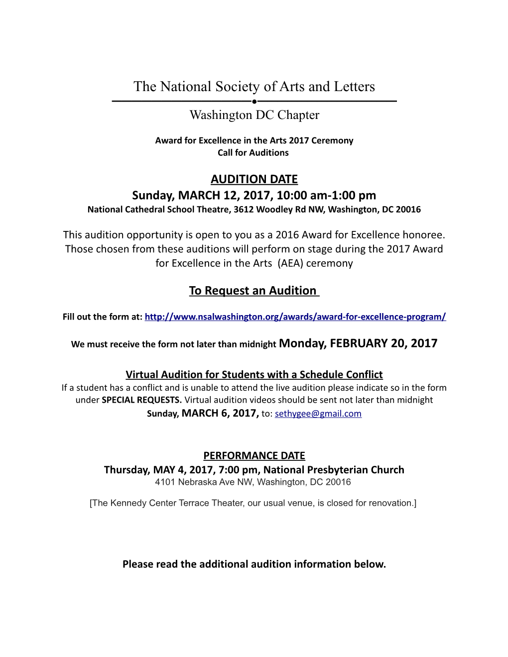 2013 Audition (Call-To-Audition) Notice Email at Maret School