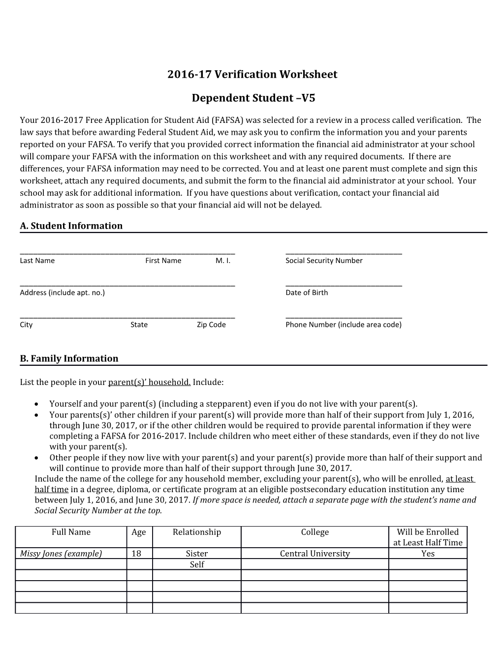 2016-17 Verification Worksheet