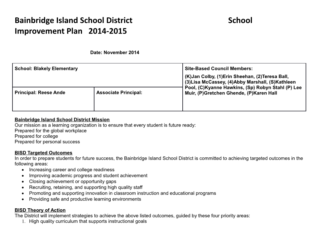 Bainbridge Island School District School Improvement Plan 2014-2015